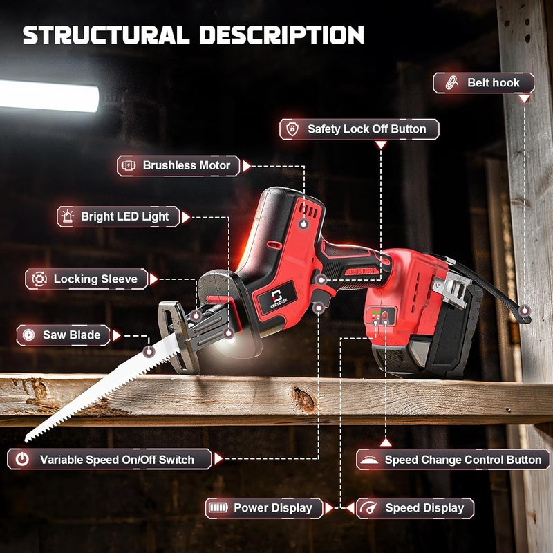 Cerycose Cordless Brushless Reciprocating Saw, Compatible with Milwaukee 18V Batteries, Tool-Free Blade Change, Includes 4 Saw Blades for Wood, Metal & PVC Cutting (Battery Not Included) - Image 2